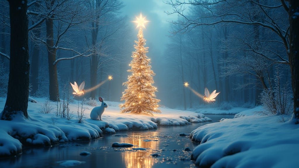 Enchanted Snowy Forest with Fairies and Rabbit at Night