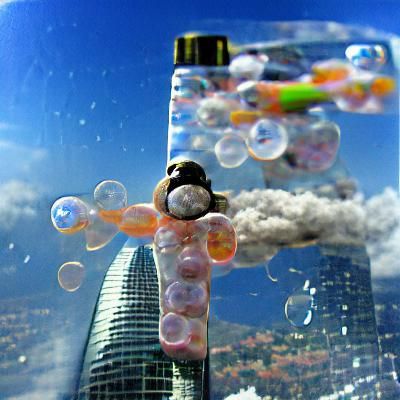 Surreal Skyscraper with Floating Bubbles