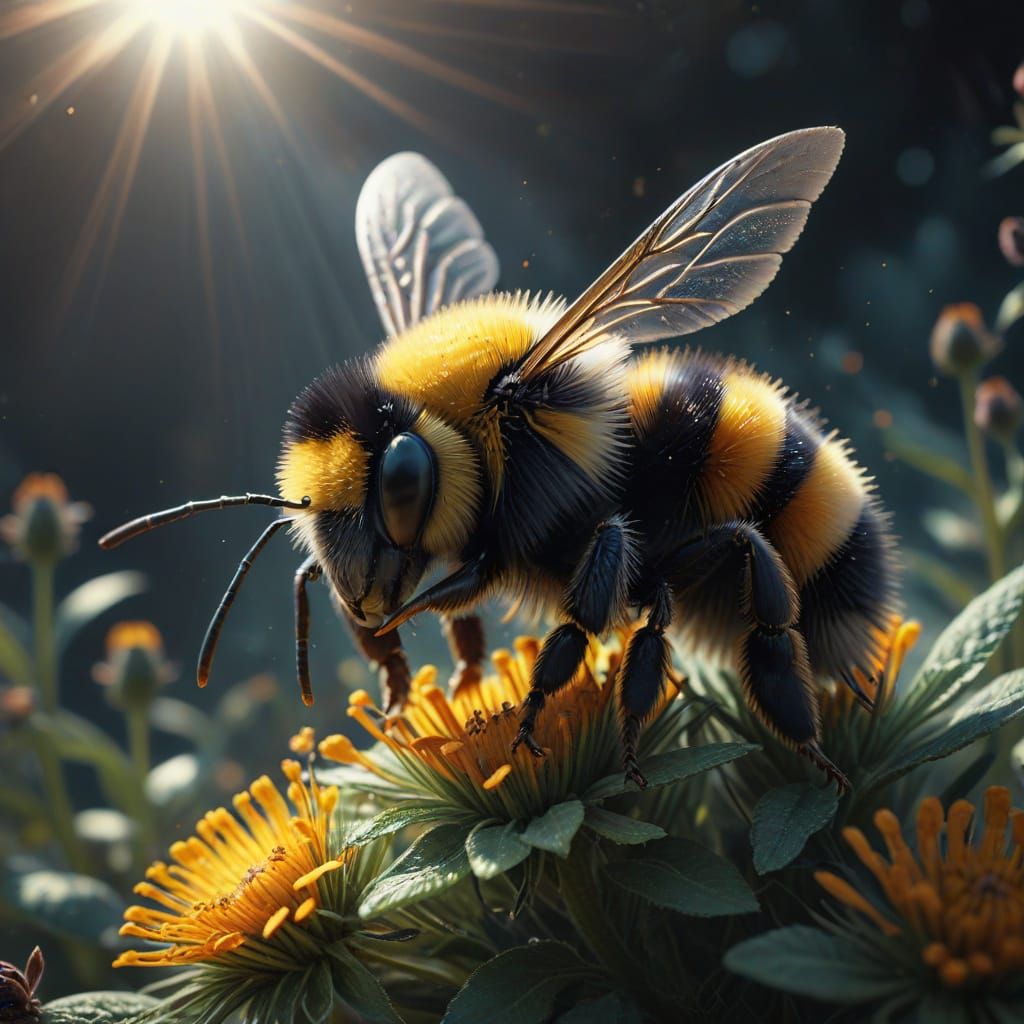 Fluffy Bumblebee in Vibrant Sunlit Garden Scene