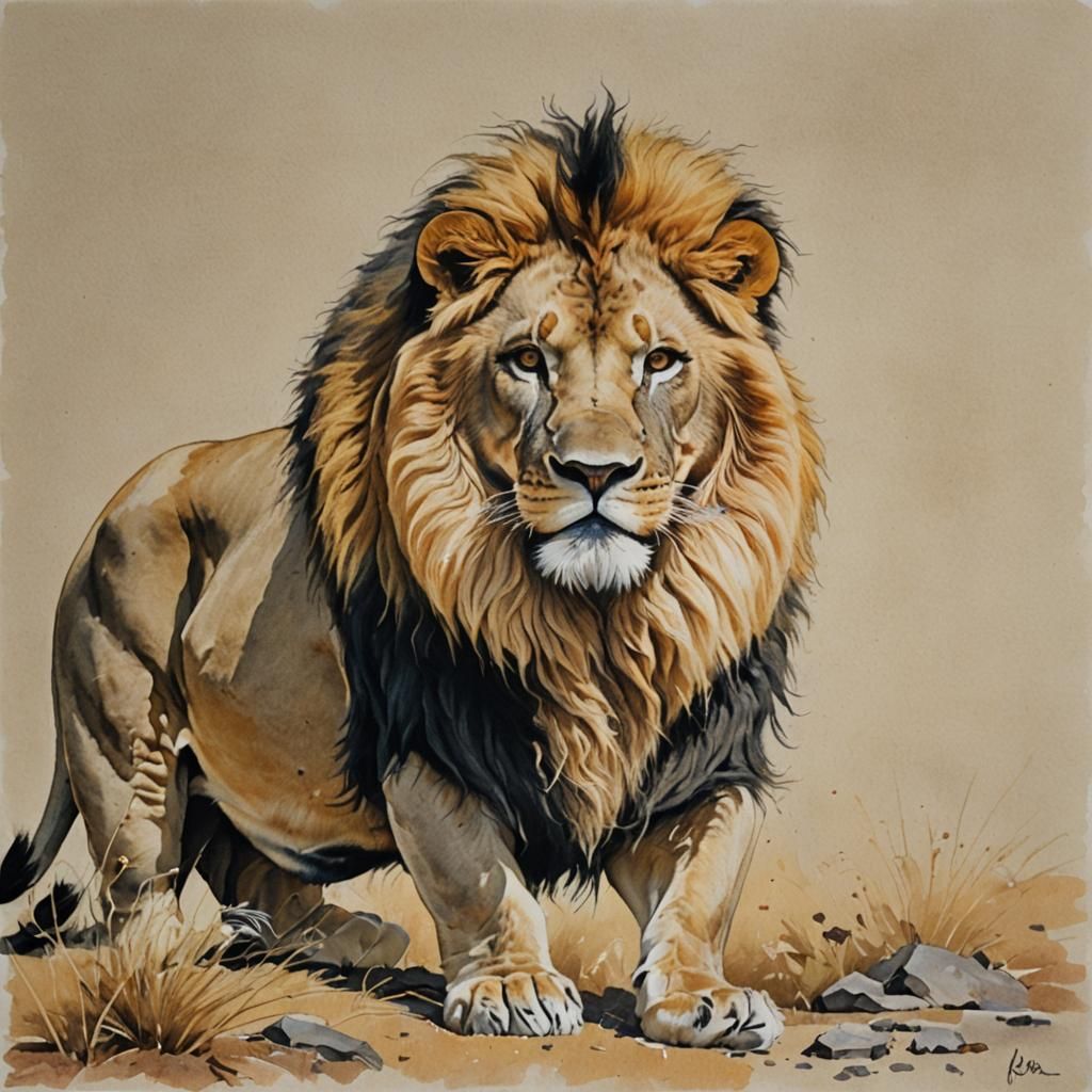 Majestic Lion Gouache Detailed Painting