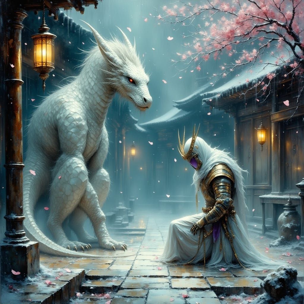 Ghostly Samurai Kneels Before Majestic Dragon in Japanese Fa...
