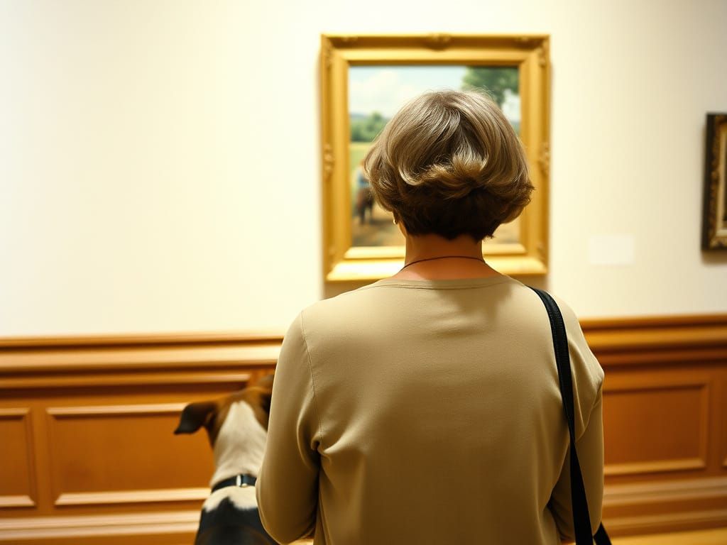 Woman and Service Dog Contemplate Impressionist Art
