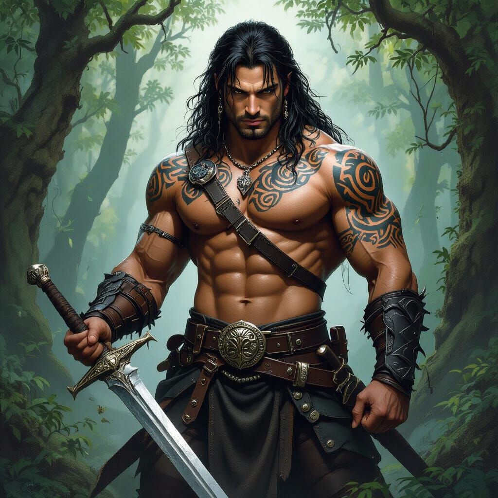 Celtic Warrior in Mystical Forest, Dark Fantasy Art