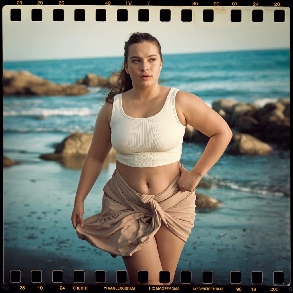 Cinematic Beach Scene of Woman in White Tank Top