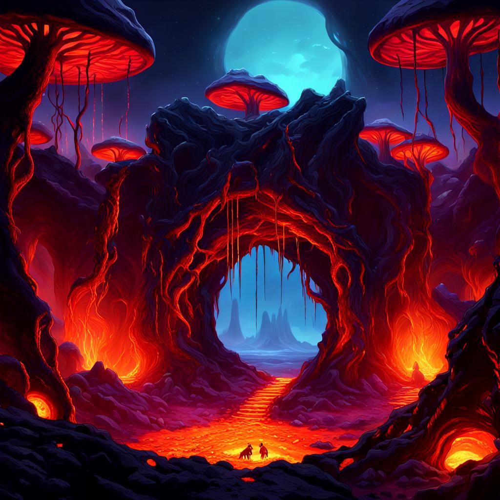 Nether Portal Amidst Crimson Roots and Lava