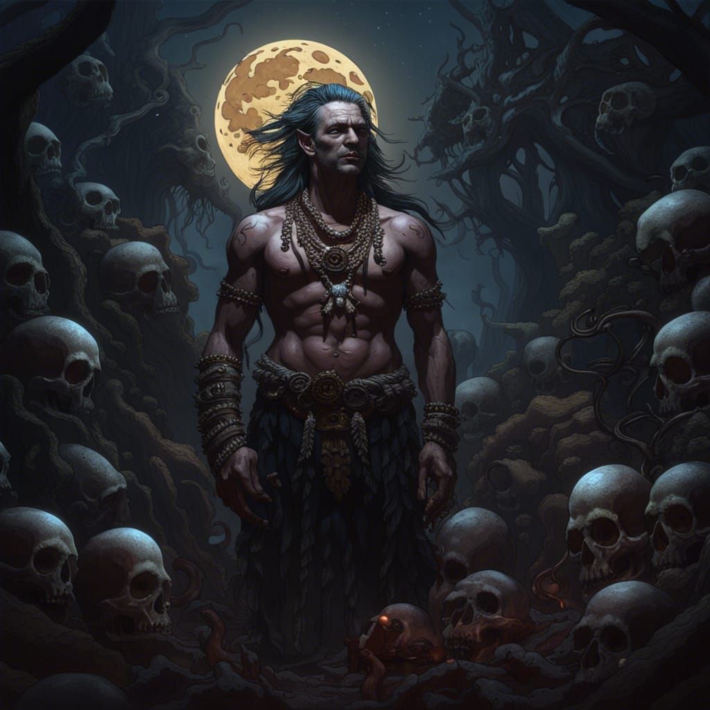 Primal Man Surrounded by Belladonna: Dark Fantasy Art