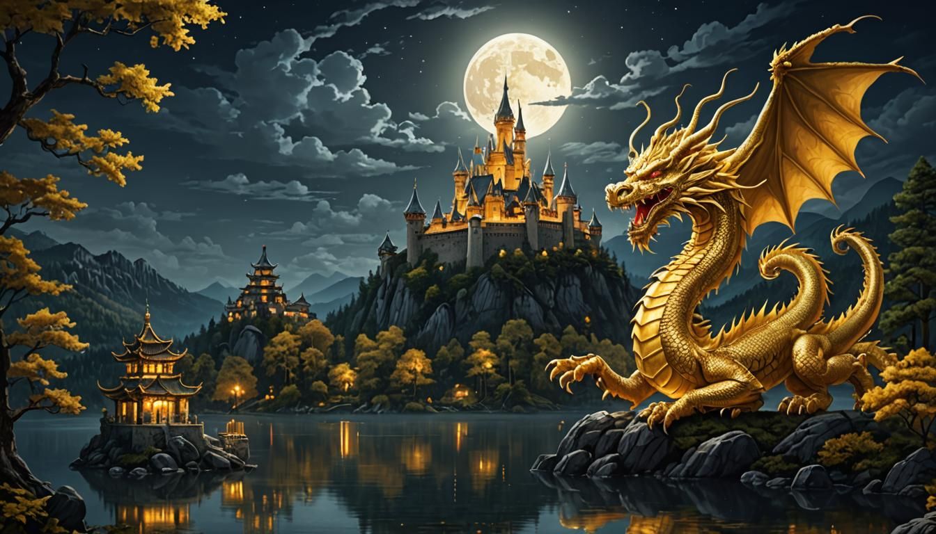 Golden Dragon in Forest Under Moonlight