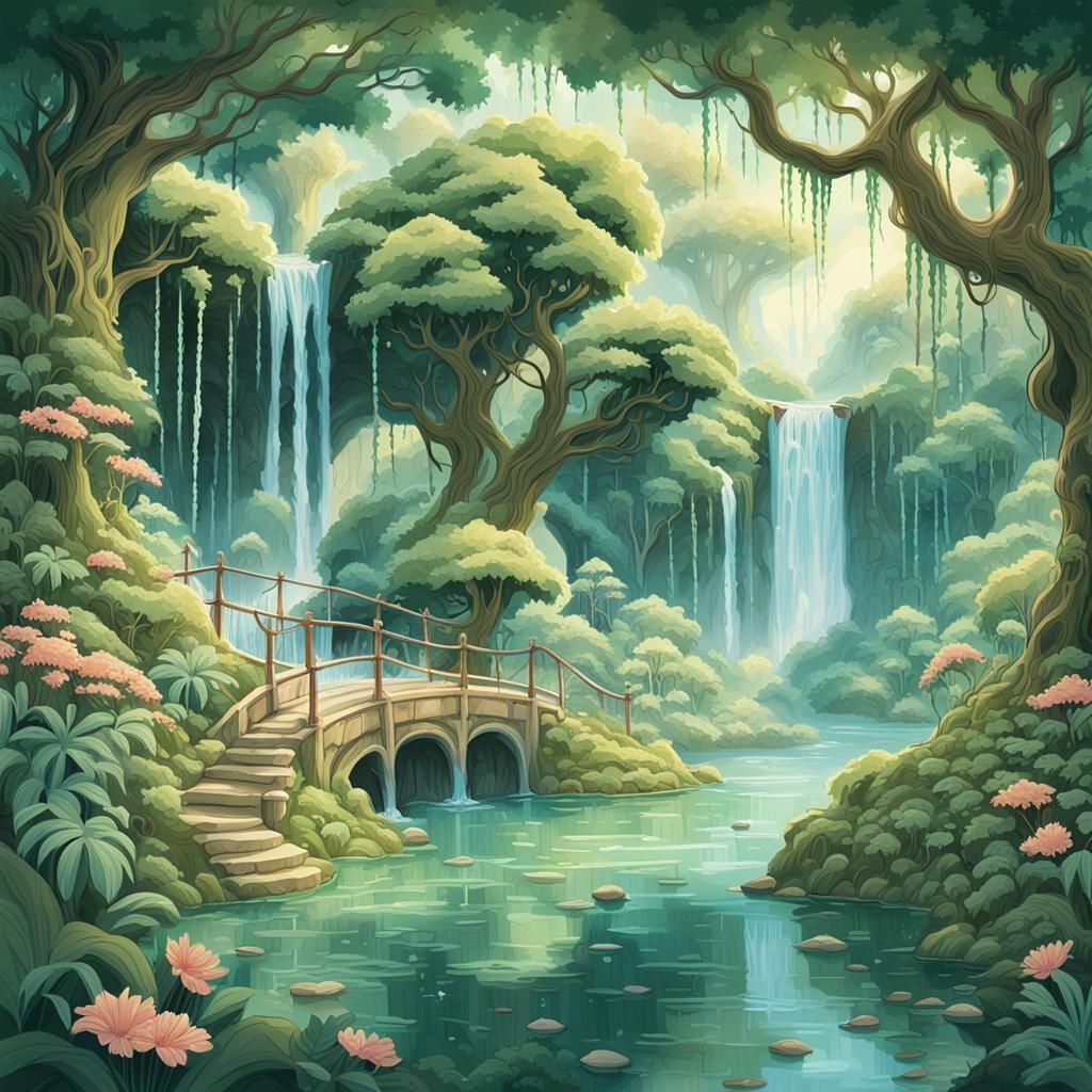 Lush Oasis Illustration in Miyazaki Watercolor Style