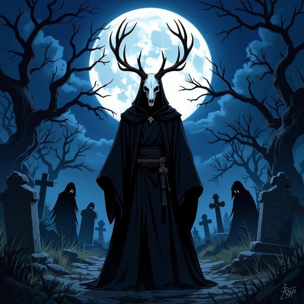 Mystical Cemetery Ritual in Anime Style