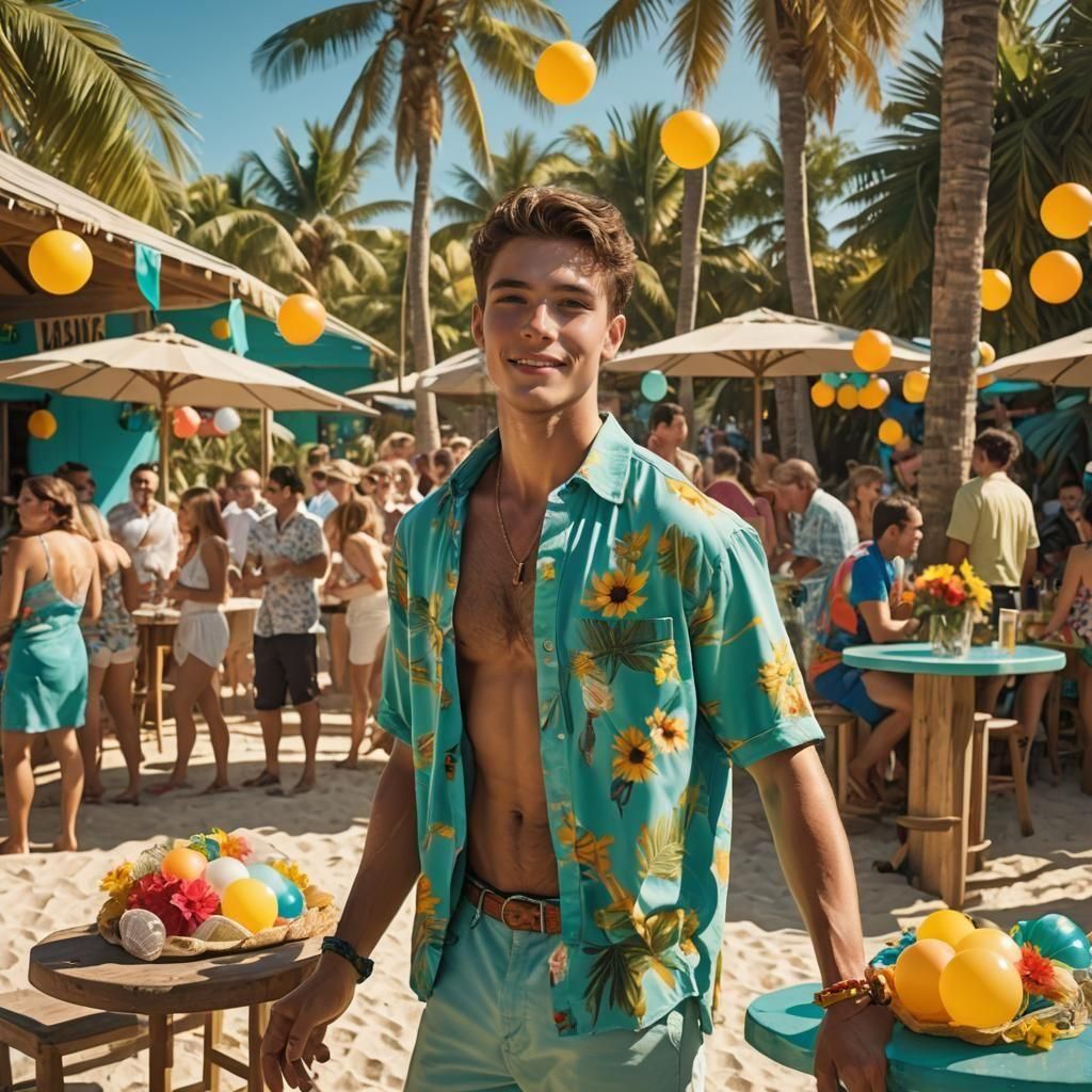 Charming Young Man at Beach Party in Sunlight