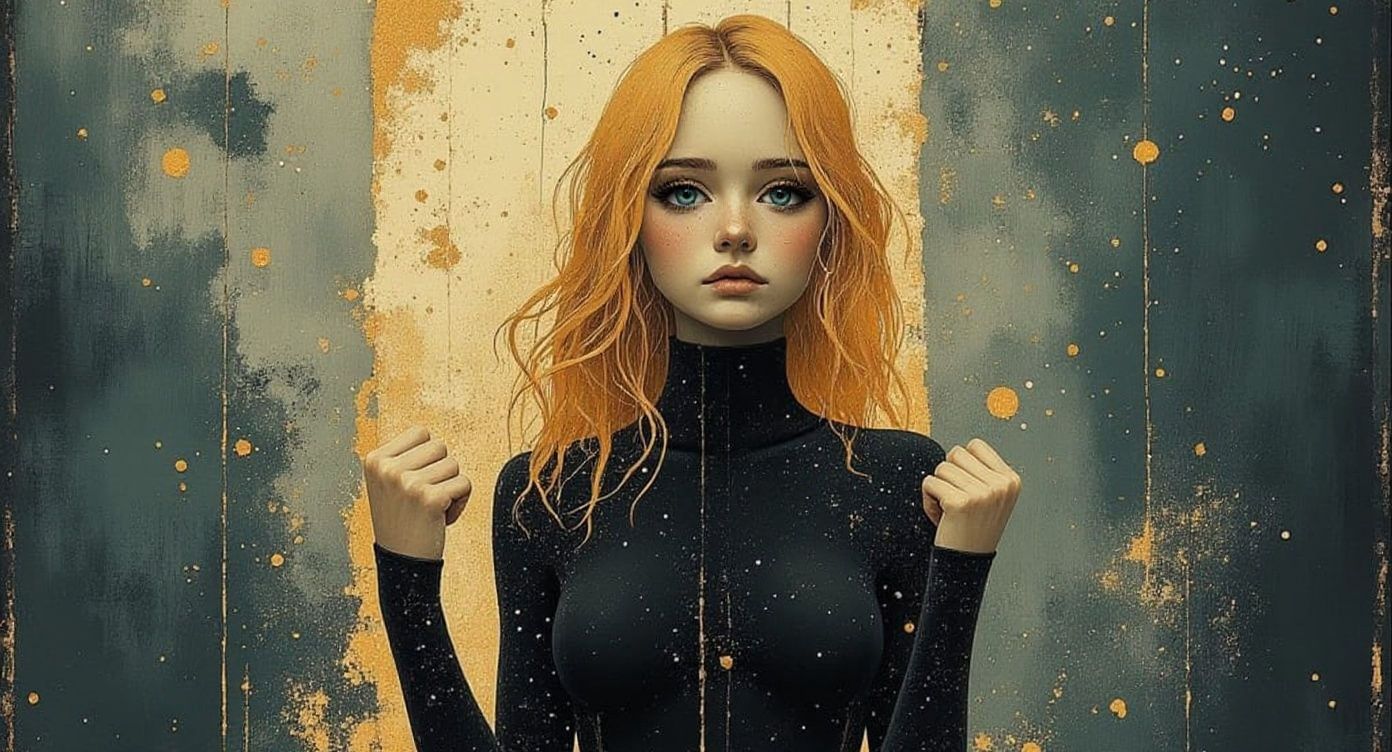 Powerful Woman Clenching Fists: An Oil Painting