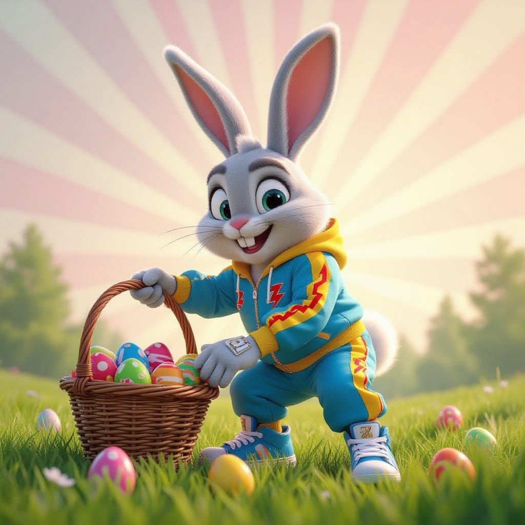 Electric Blue Easter Bunny in High-Tech Track Suit