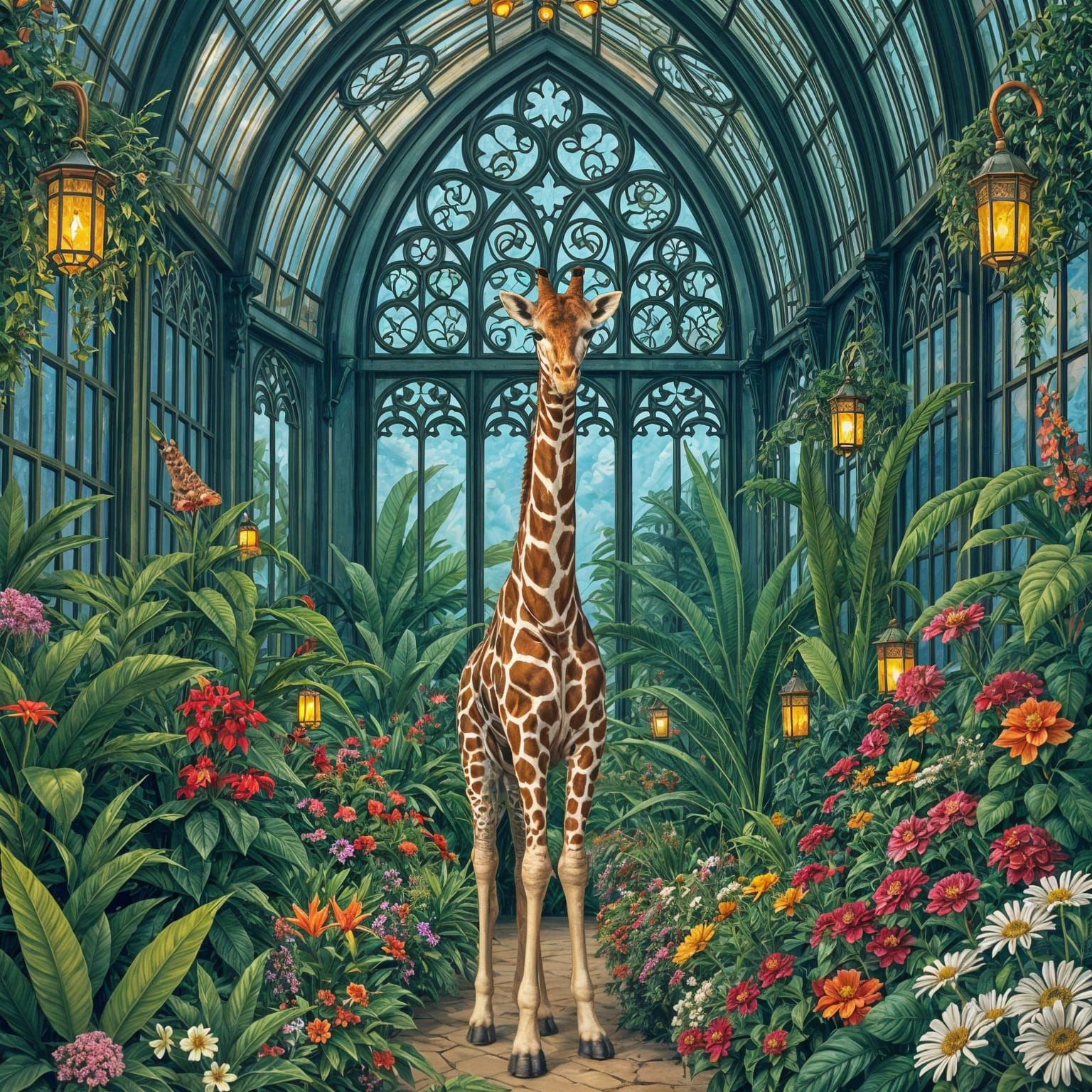 Christmas Greenhouse with Giraffe in Stained Glass Style