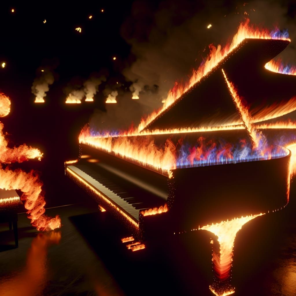 Flaming Piano: A Hyperrealistic Vision in Fire