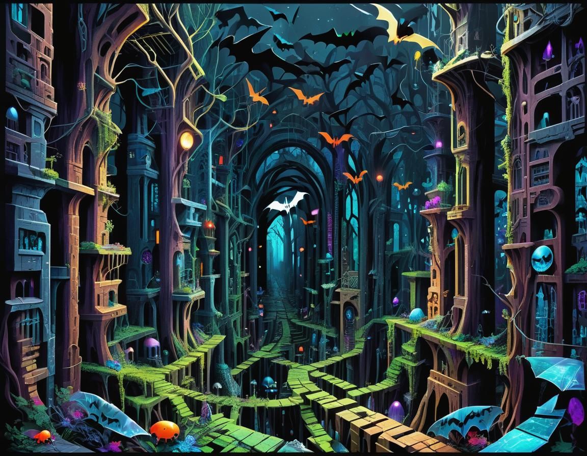 Surreal Weircore City Forest with Bats and Prismatic Colors