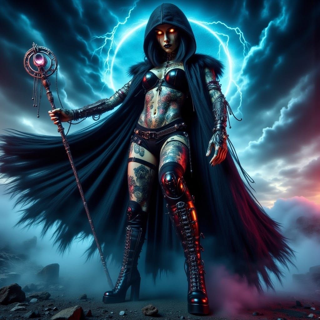 Cyber Gothic Sorceress with Glowing Staff