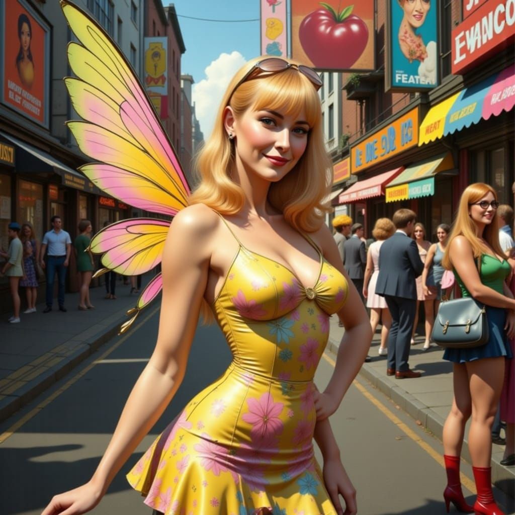 1960's Mary Quant inspired fairy princess on Carnaby Street at the height of the Hippies era <lora:Fairies:1.0> <lora:60...