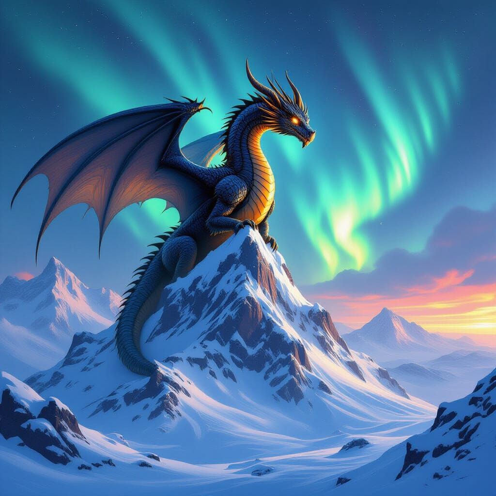 Ancient Dragon on Snowy Peak Under Aurora Sky