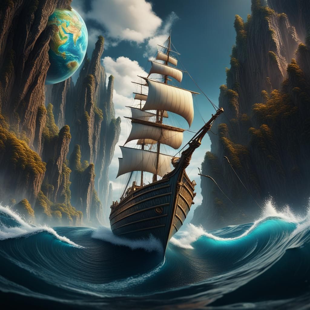 Abstract Earth with Sailing Boat, Detailed Matte Painting