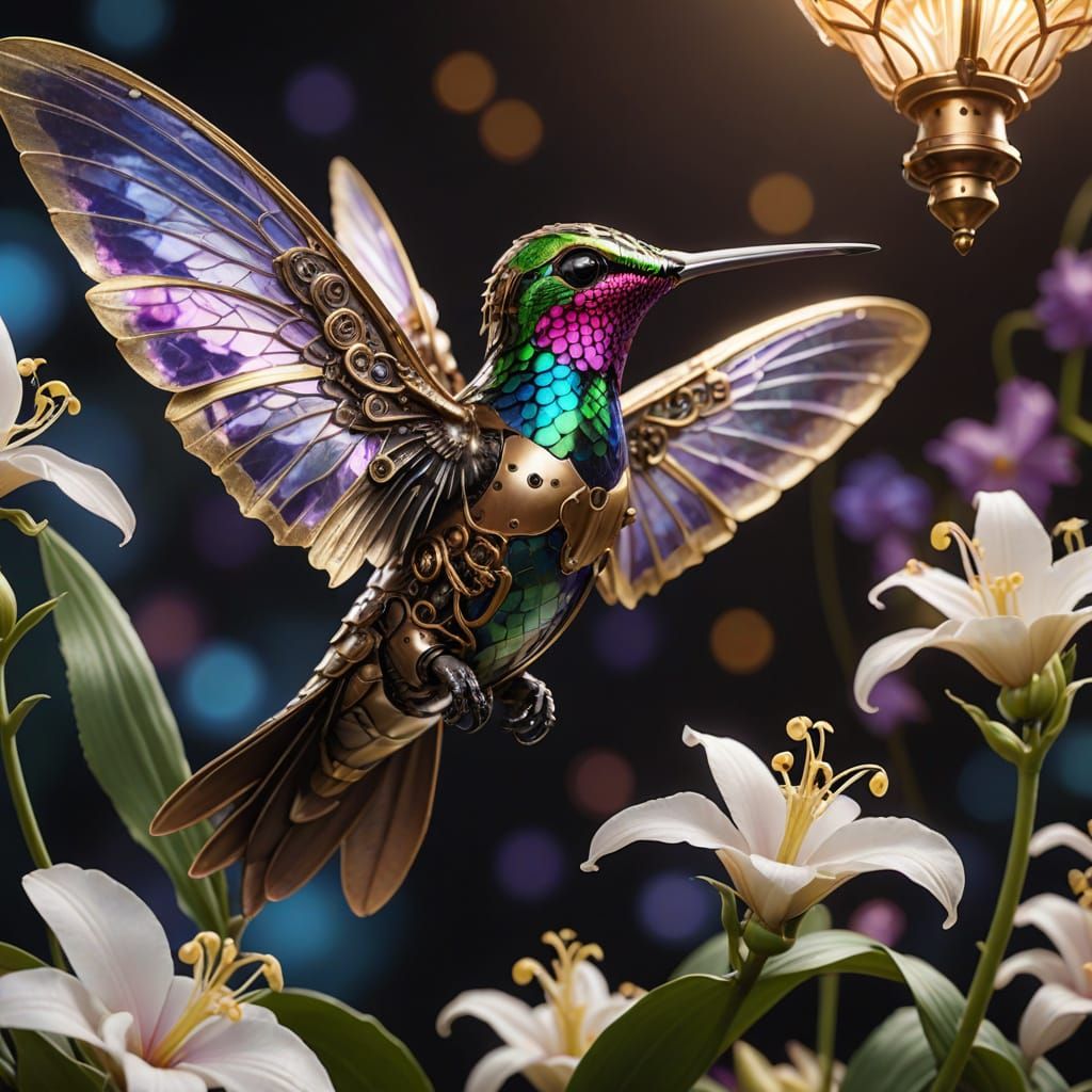 Steampunk Hummingbird Sips Nectar from Intricate Orchid