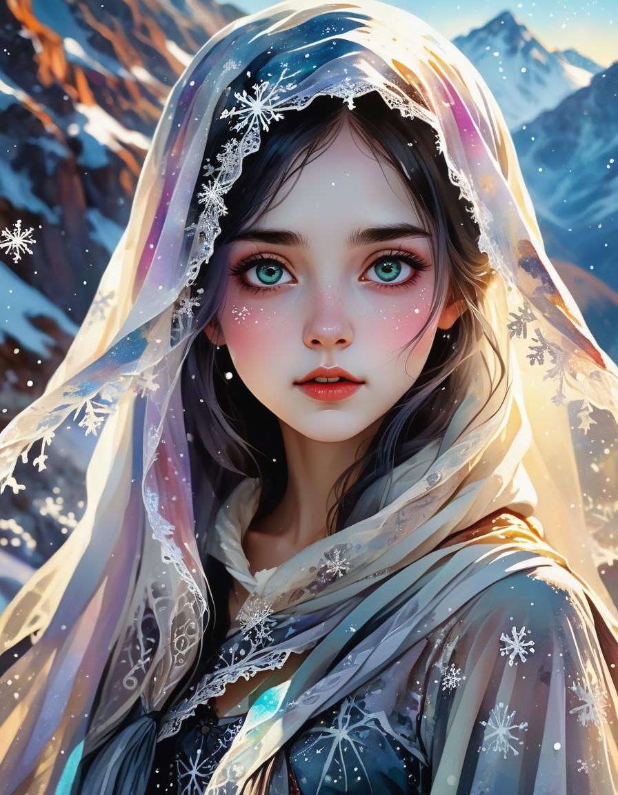 Gothic Portrait with Snowy Mountains, Watercolor and Oil