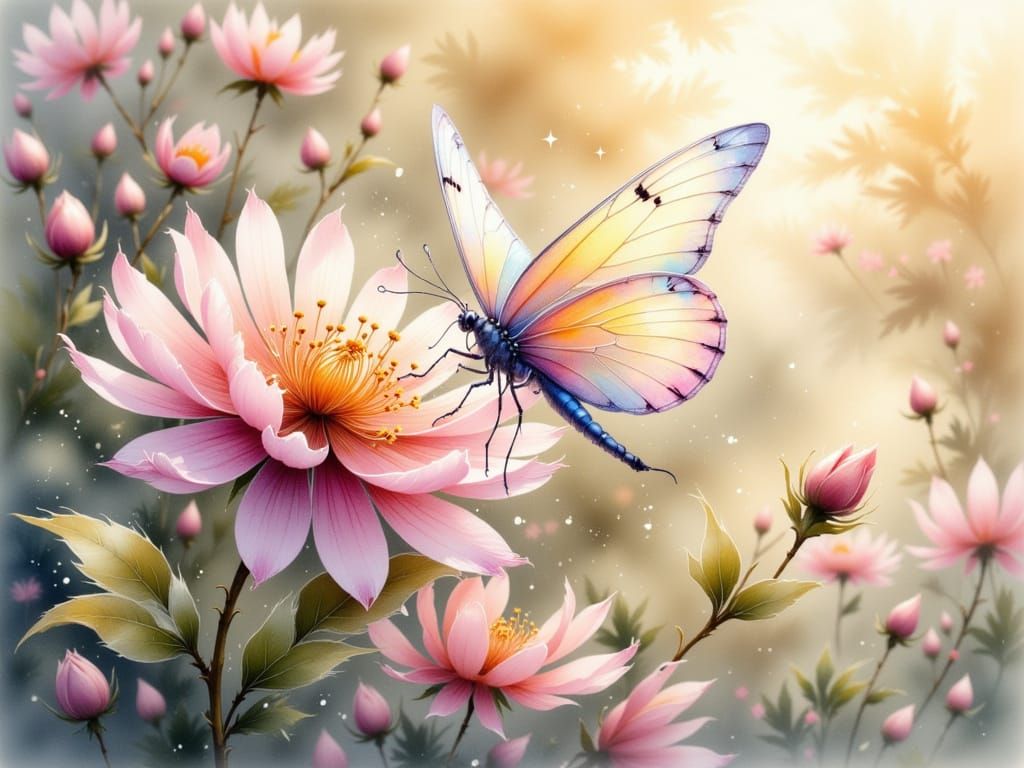 Ethereal Butterfly in Dreamy Watercolor Landscape