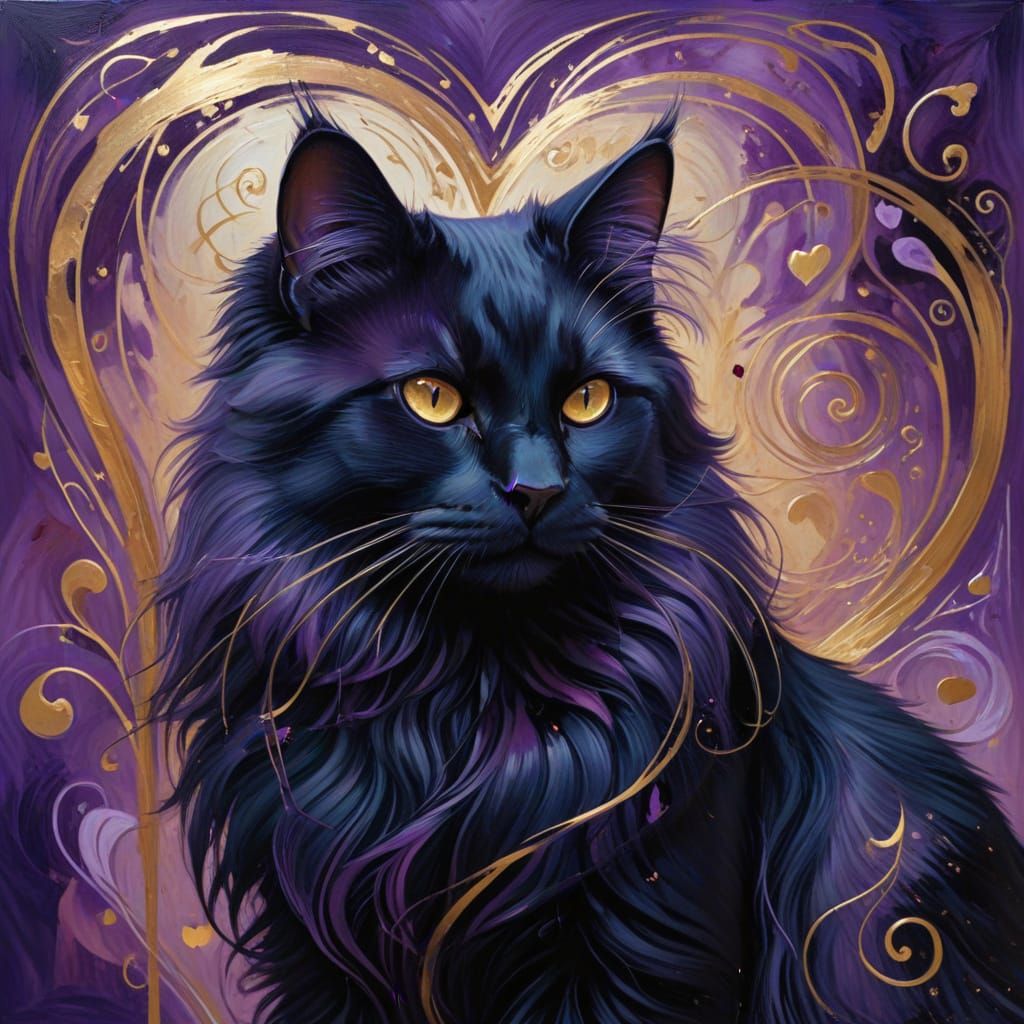 Elegant Black Cat in Abstract Oil Painting