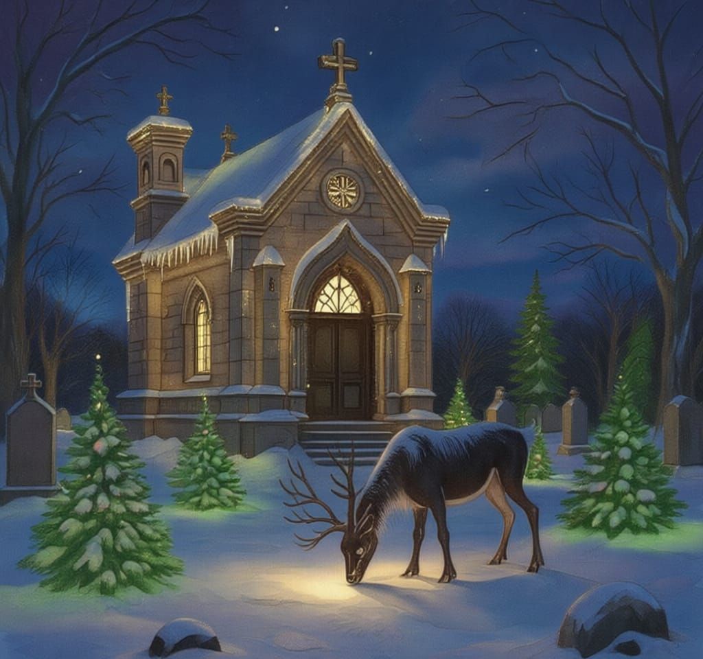Gothic Graveyard Christmas Scene with Skeletal Reindeer