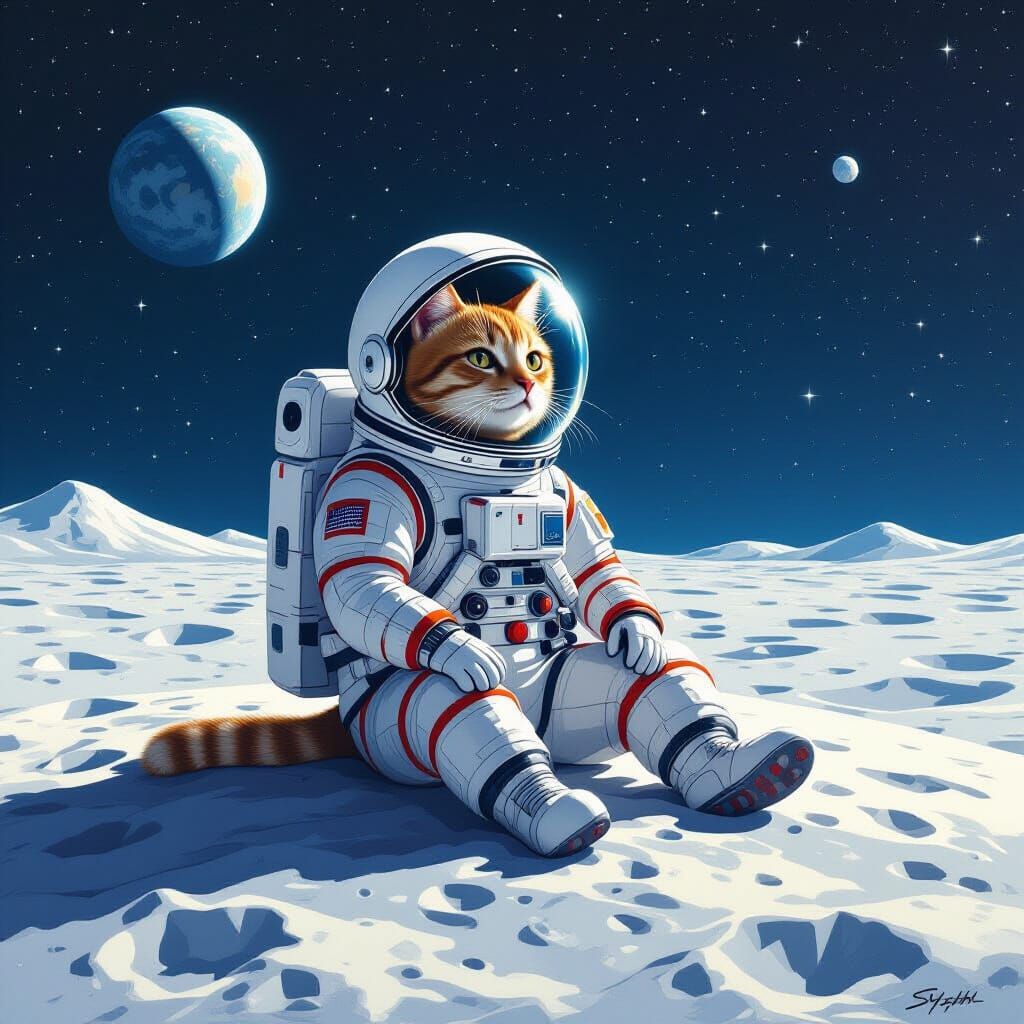 Astronaut Cat on Moon in Futuristic Style