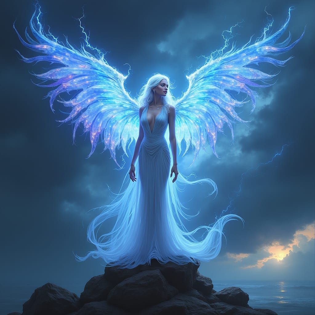 Ethereal Sylphrena in Stormy Landscape: Oil Painting