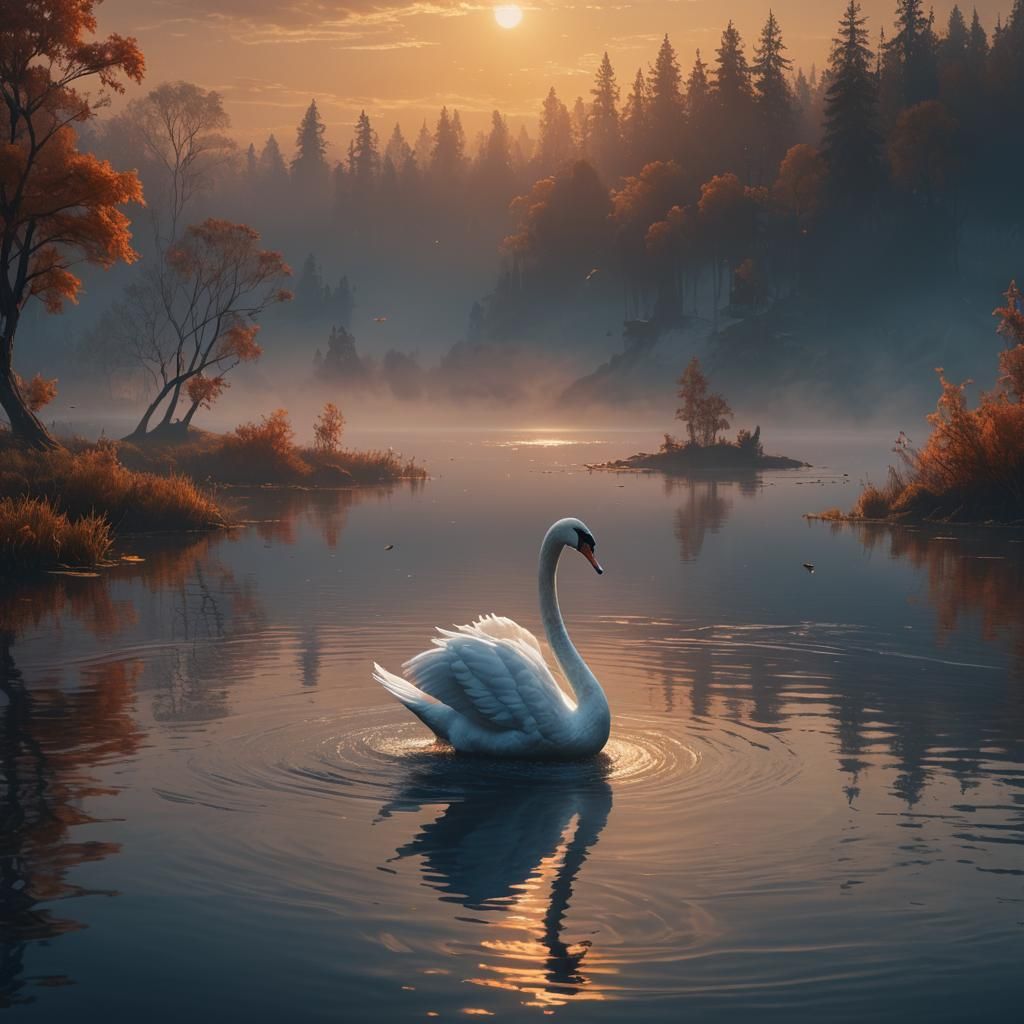 Swan Drifting on Misty Lake at Sunset