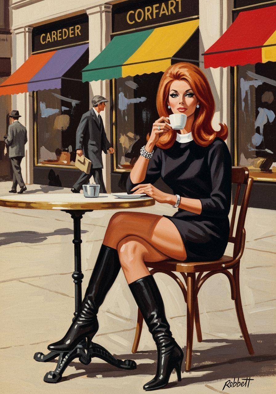 Glamorous 1960s Woman at Cafe, Oil Painting