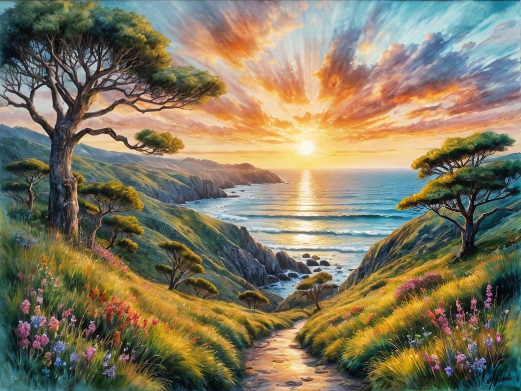 Sunrise Over Big Sur Coastline in Impasto Oil Style