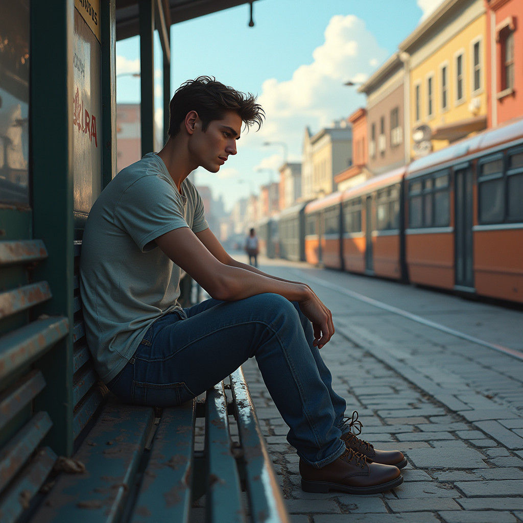 Hopeful Young Man at Bus Depot: Matte Painting