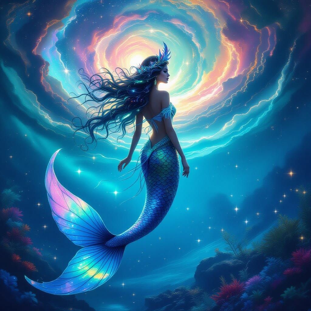 Cosmic Witch-Mermaid in Swirling Galaxy