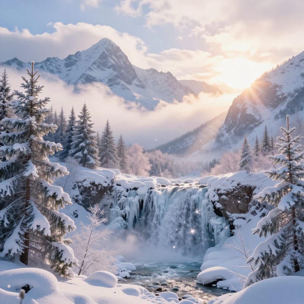 Breathtaking Winter Mountain Landscape with Frozen Waterfall