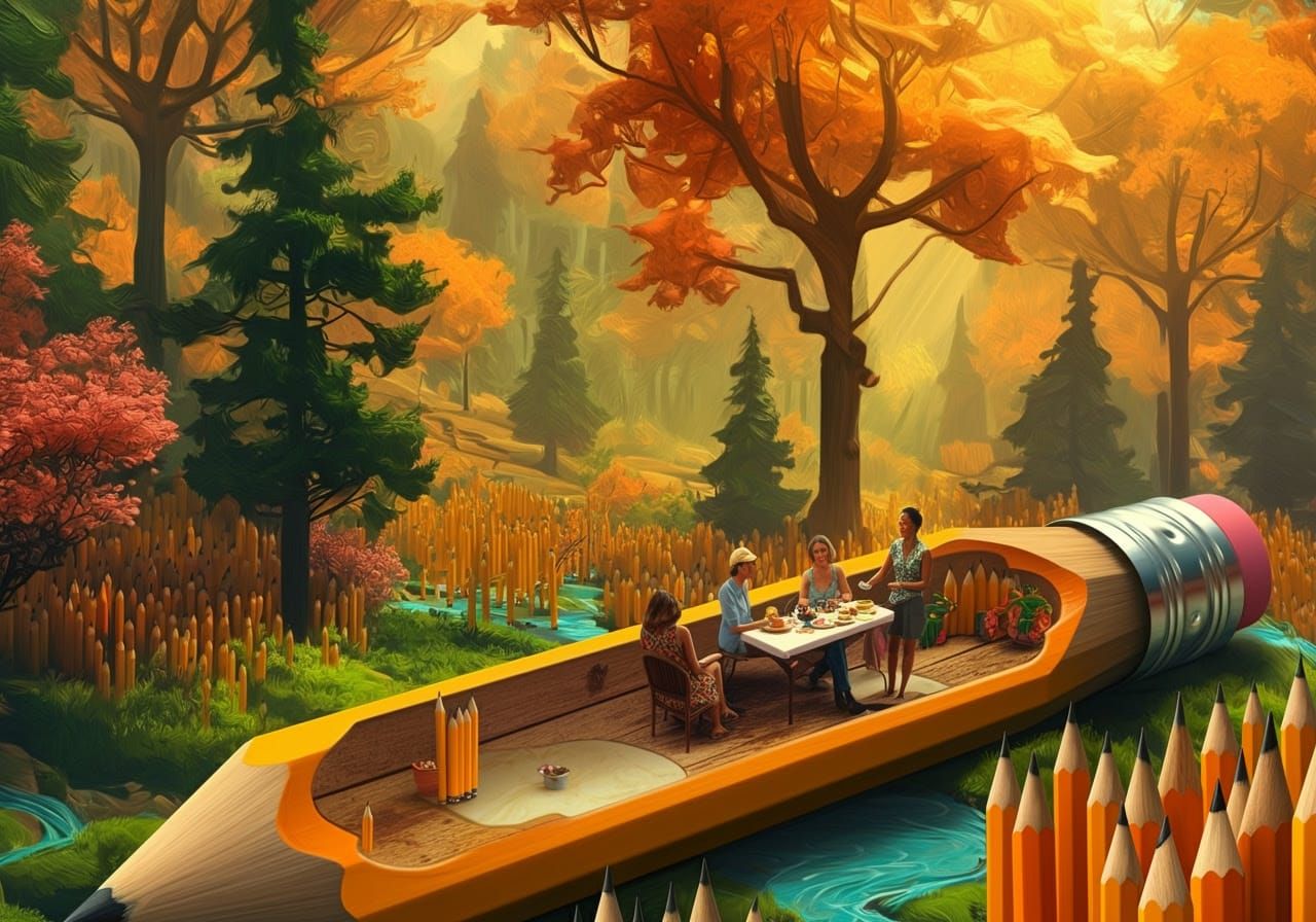 Pencil World Tea Party in Sunshine: 3D Render