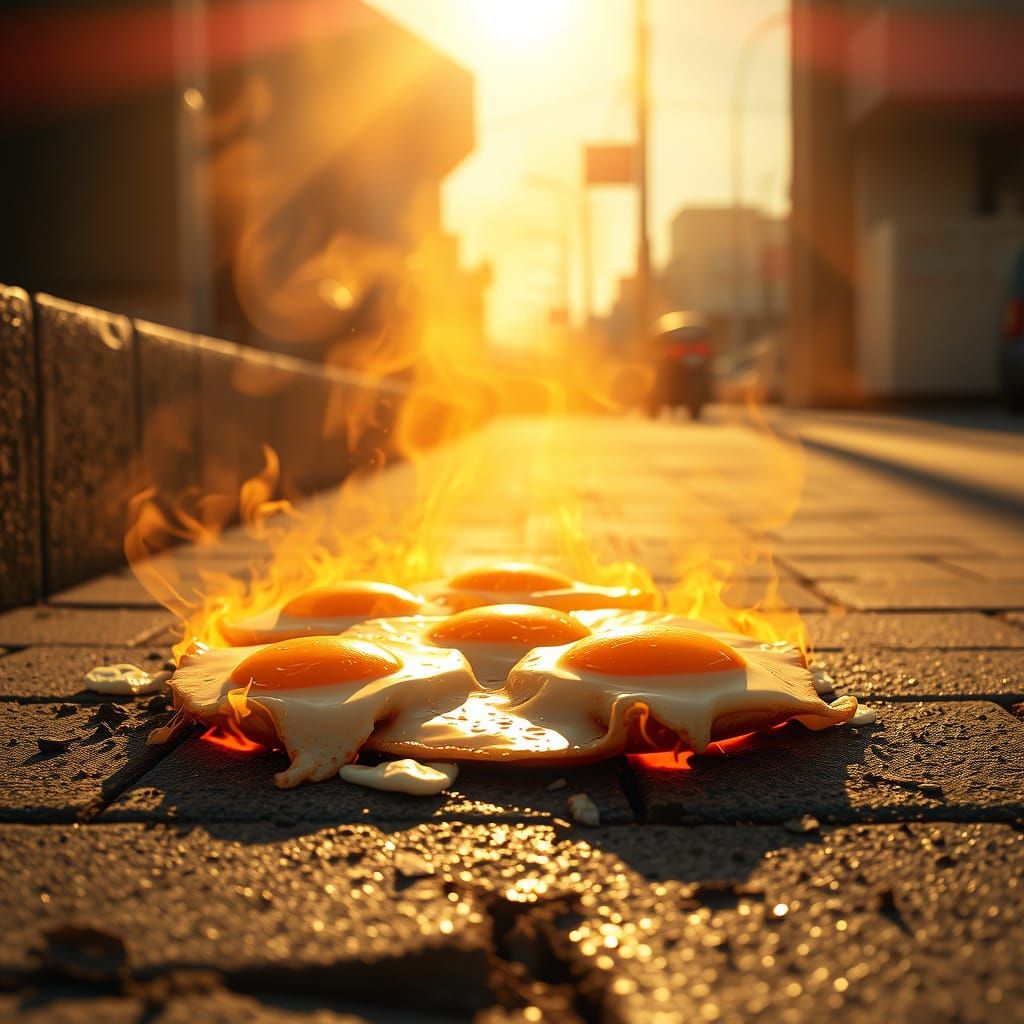 Eggs Sizzle on Sidewalk in Photorealistic Style
