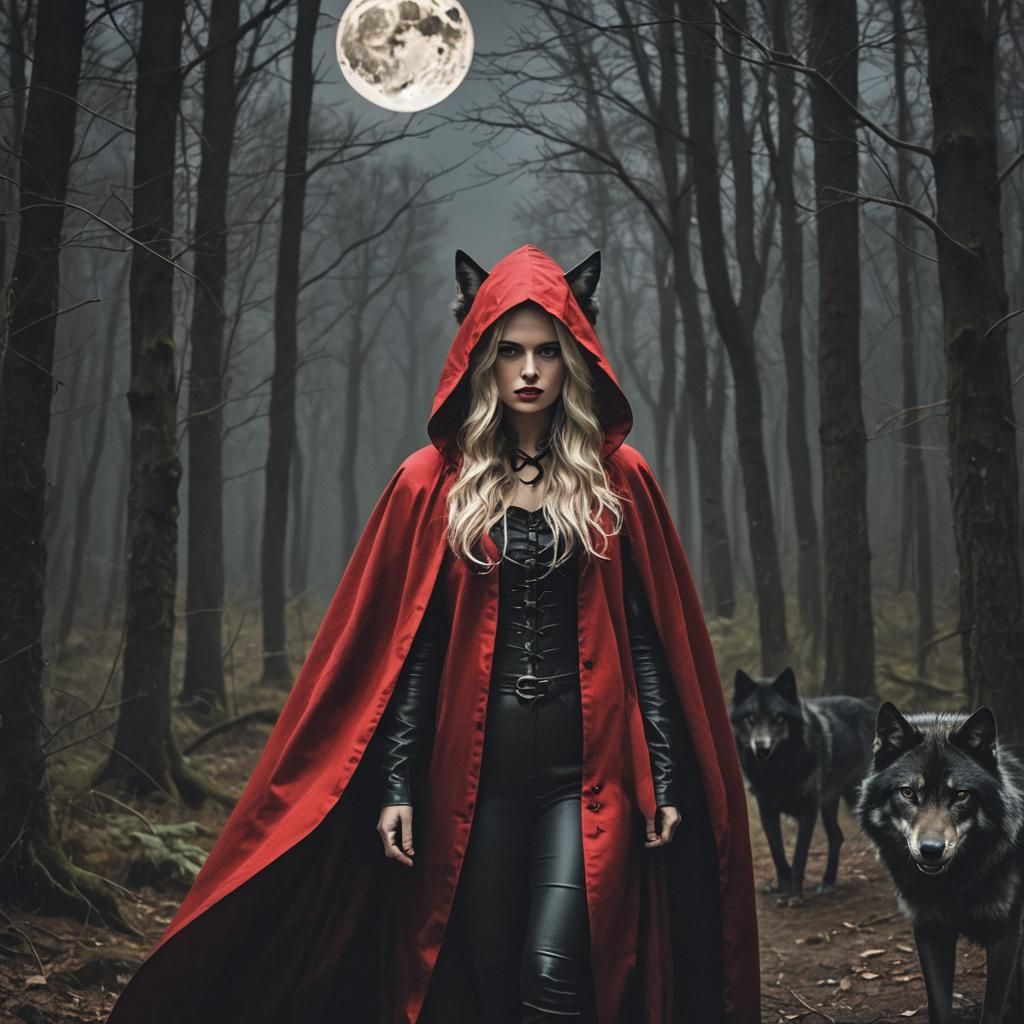 Woman in Red Cloak with Wolf in Forest