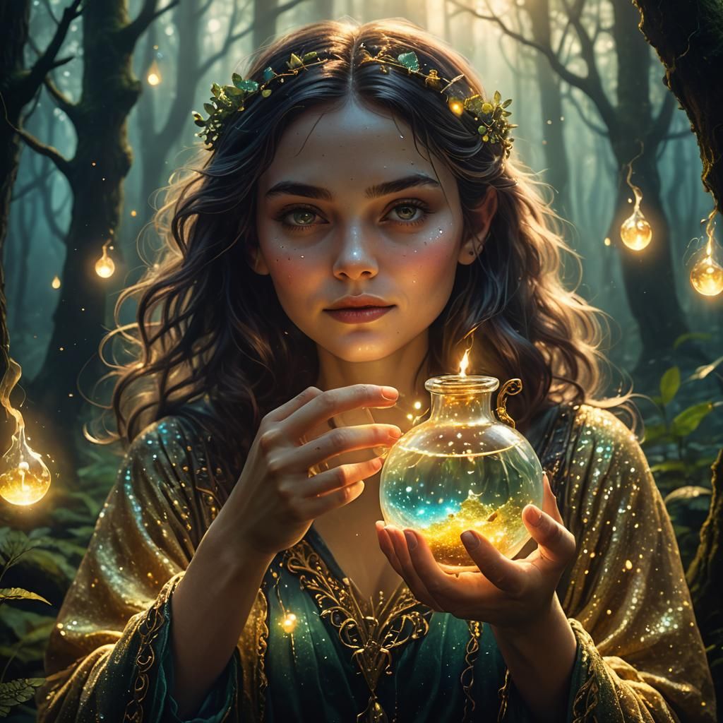 Mystical Woman Holds Enchanted Potion in Whimsical Forest