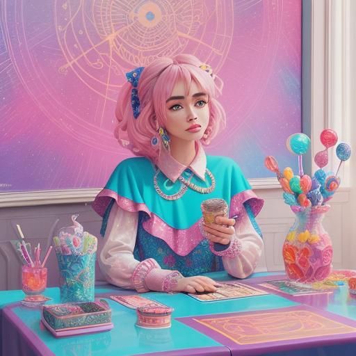 Sabrina Carpenter with Tarot Cards in Candy Art Style
