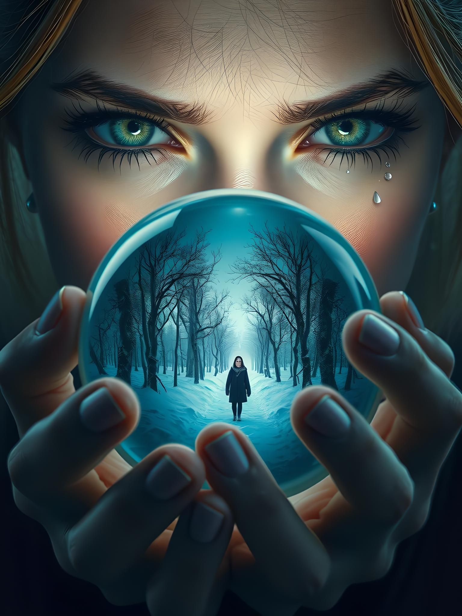 Central extreme close up of a beautiful  crying woman, with ...