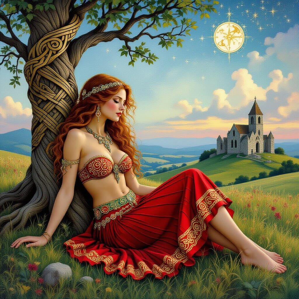 Celtic Woman Reclines by Tree of Life Under Starry Night