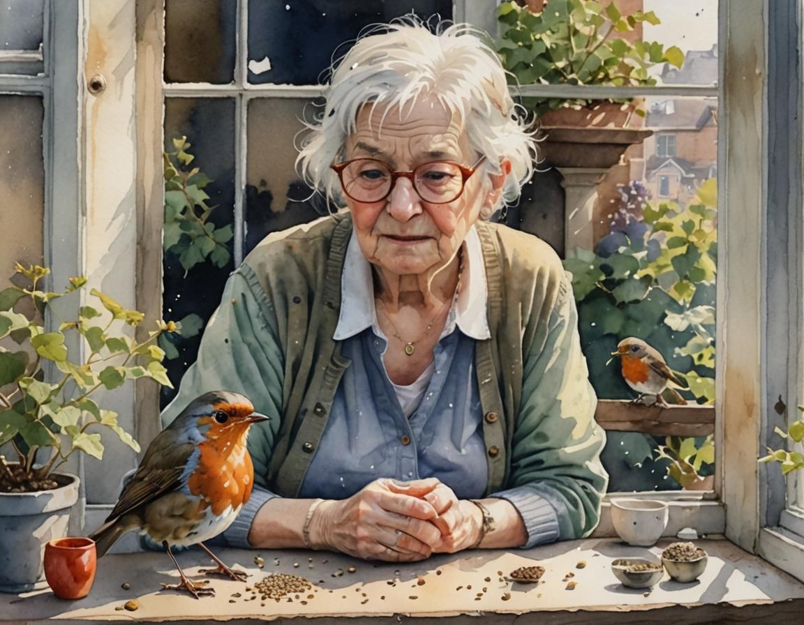 Robin Receives Seeds at a Windowsill: Watercolour