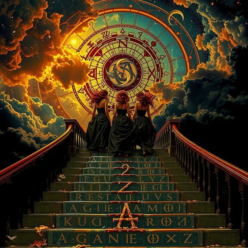 Three Sisters Ascend Celestial Staircase in Hyperrealistic S...