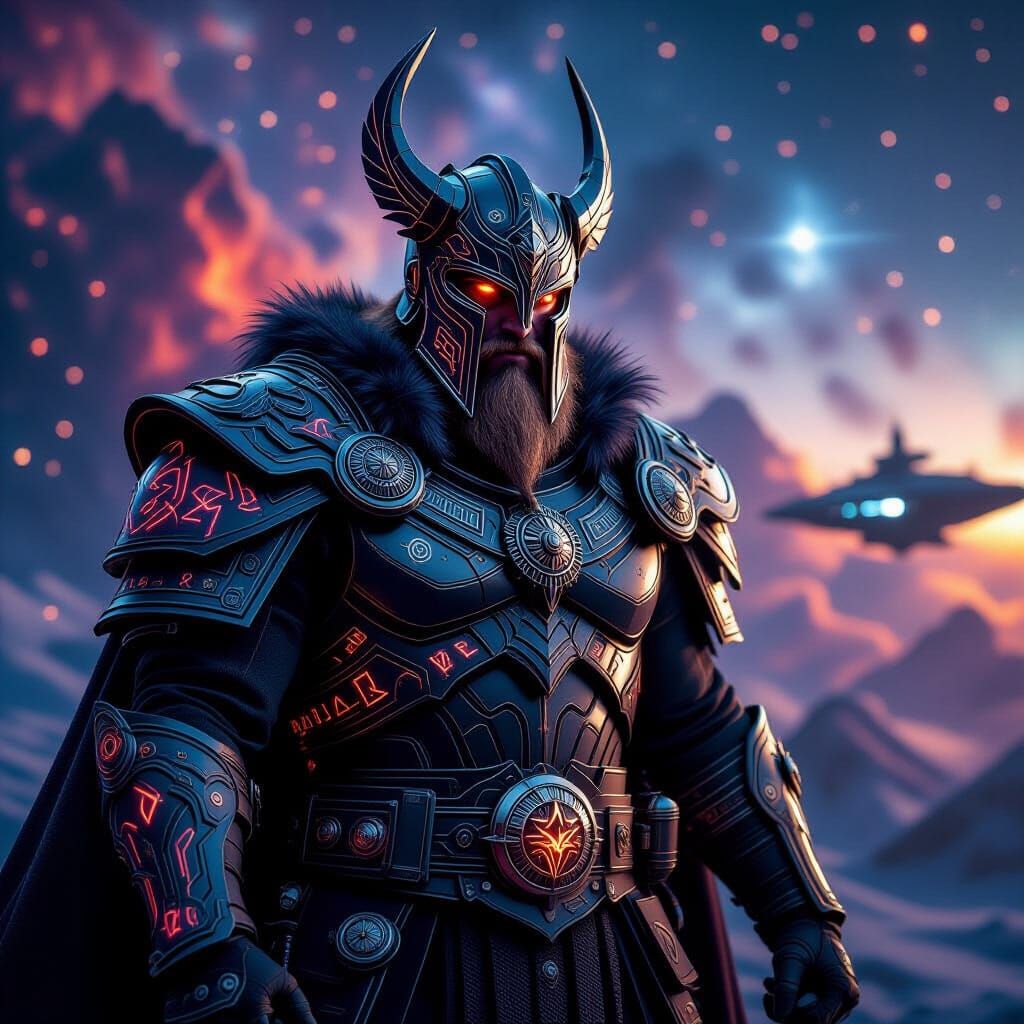 Space Viking Commander in Nebula, Hyperrealistic Style