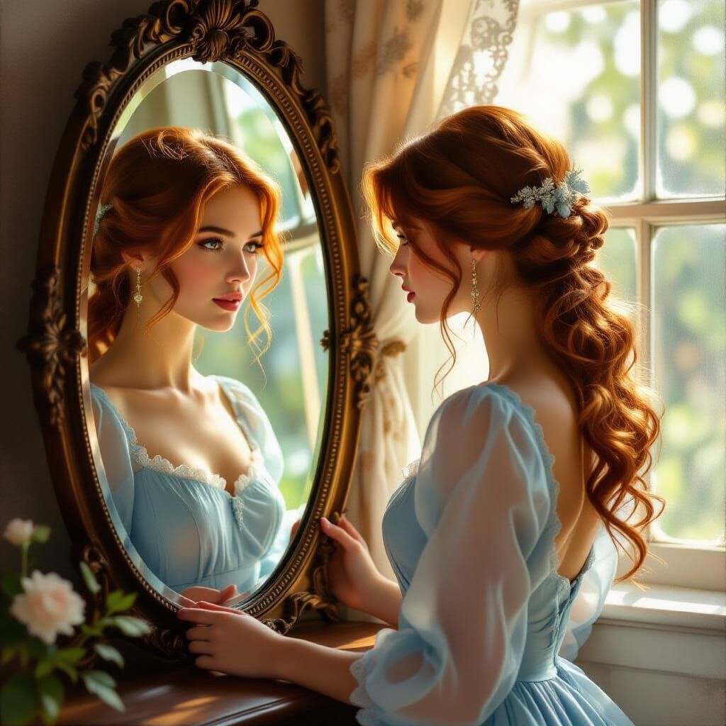 Woman Gazes at Reflection in Antique Mirror, Ethereal Light