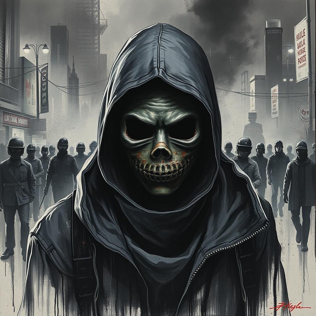 Dystopian Masked Rioter Portrait in Etching Style