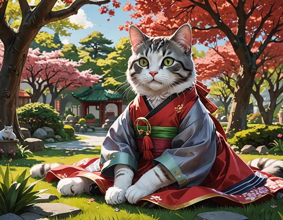 Cat in Hanbok in Spring Garden, Anime Style