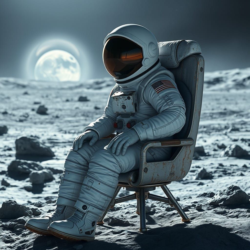 Moon Astronaut Seated on Worn, Metallic Chair